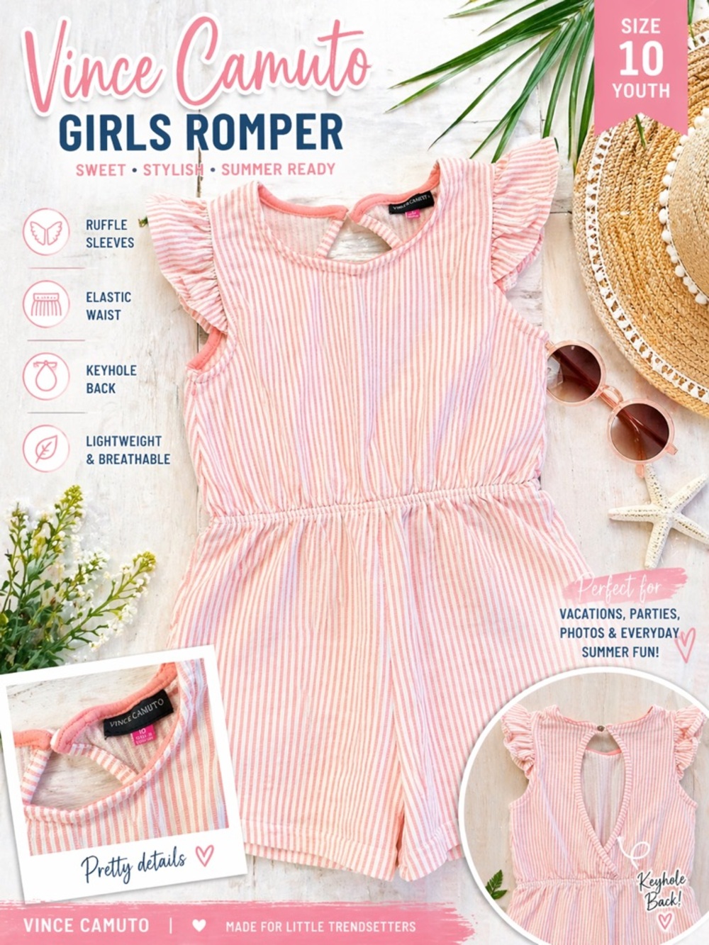 Vince Camuto Pink Striped Girls Romper